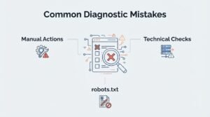 Infographic titled 'Common Diagnostic Mistakes' illustrating manual actions on the left, technical checks on the right, and robots.txt errors at the bottom, surrounding a central checklist and magnifying glass audit icon.