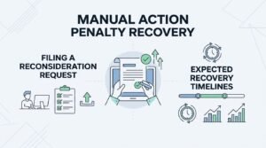 Infographic titled 'Manual Action Penalty Recovery' illustrating filing a reconsideration request on the left-covering checklist documentation and upload steps—and expected recovery timelines on the right-covering processing duration and ranking growth charts—surrounding a central document review and approval icon.