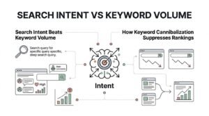 Infographic comparing search intent versus keyword volume, illustrating why search intent beats keyword volume and how keyword cannibalization suppresses rankings