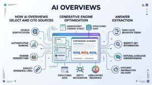 Infographic on AI Overviews, detailing how AI overviews select and cite sources (source identification, authoritative ranking, diverse perspectives, and explicit reference links), generative engine optimization (answer-first content structure, structured data, entity recognition, and user-centric relevance), and answer extraction (zero-click behavior trend, key information identification, natural language understanding, and efficient information delivery)