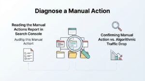 Infographic titled 'Diagnose a Manual Action' illustrating reading the Manual Actions report in Search Console on the left—covering auditing steps—and confirming manual action versus algorithmic traffic drops on the right, surrounding a central directory map and magnifying glass icon.