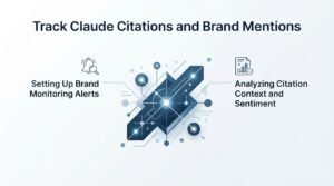 Infographic on tracking Claude citations and brand mentions, detailing setting up brand monitoring alerts and analyzing citation context and sentiment.