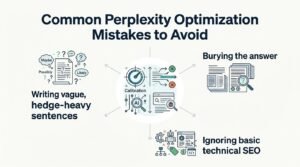 Infographic on common Perplexity optimization mistakes to avoid, detailing writing vague, hedge-heavy sentences, burying the answer, and ignoring basic technical SEO.