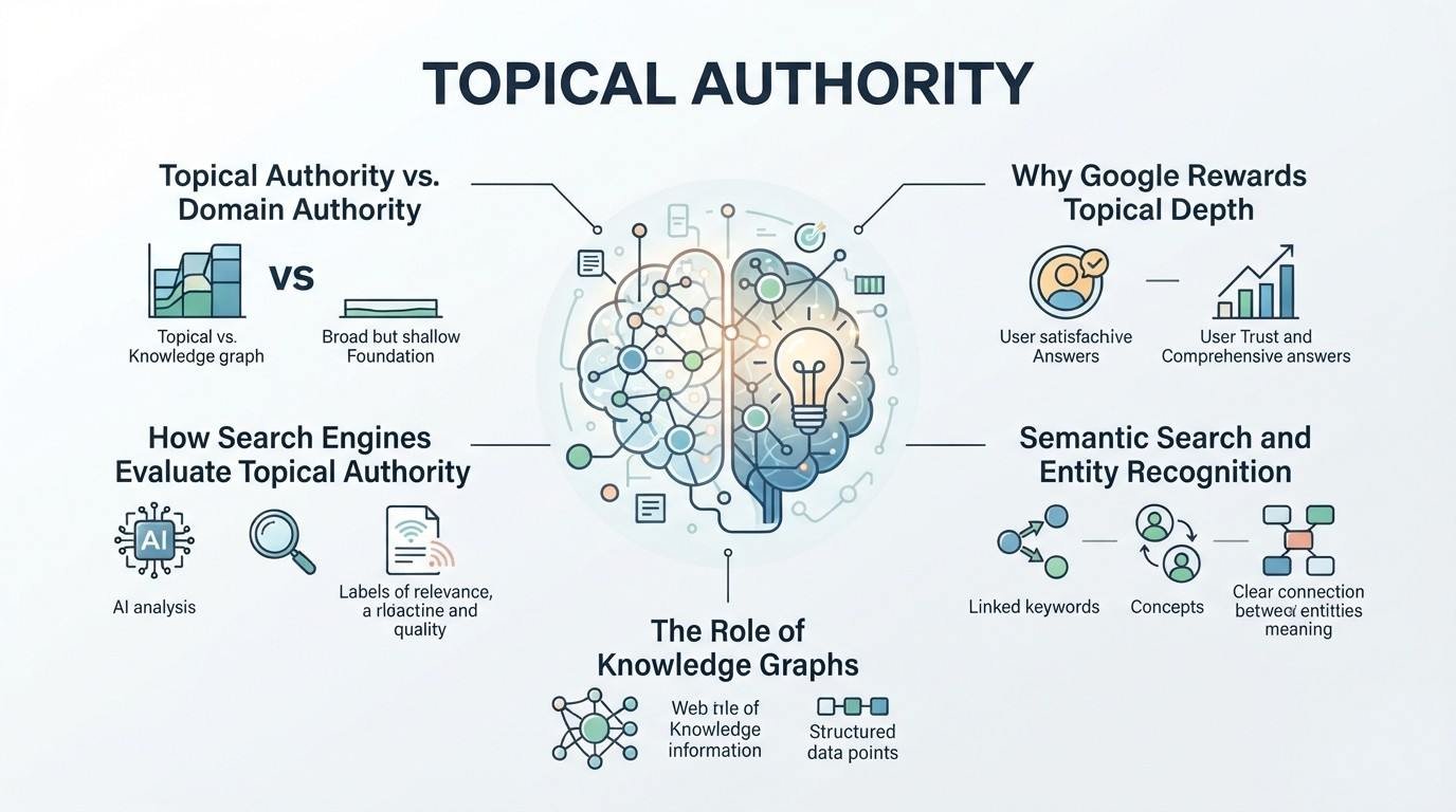 B2B corporate technical infographic titled 'TOPICAL AUTHORITY' detailing search engine entity evaluation, semantic depth, Knowledge Graph integration, and domain authority comparisons around a central dual-hemisphere brain featuring interconnected data nodes and an illuminated lightbulb idea core