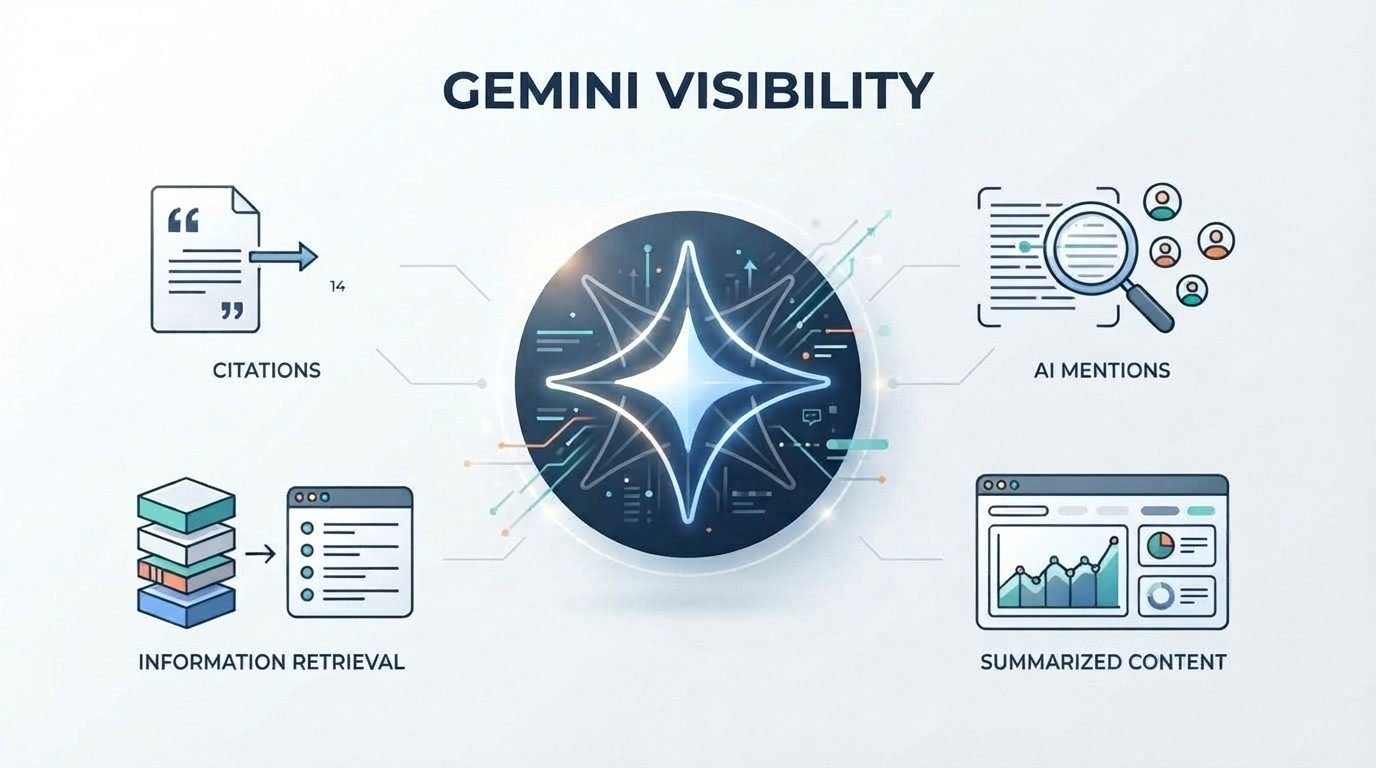 Infographic on Gemini visibility, detailing citations, AI mentions, information retrieval, and summarized content
