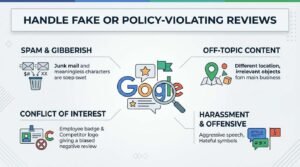 Infographic on handling fake or policy-violating reviews, detailing spam and gibberish, off-topic content, conflict of interest, and harassment and offensive speech.
