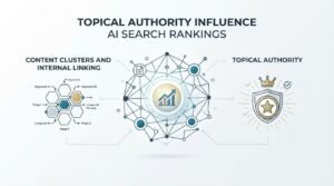 Infographic on topical authority influence AI search rankings, detailing content clusters and internal linking, and topical authority.