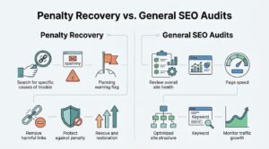 Infographic titled 'Penalty Recovery vs. General SEO Audits' illustrating penalty recovery workflows on the left—covering searching for specific causes, planning warning flags, removing harmful links, protecting against penalties, and rescue and restoration—and general SEO audits on the right—covering reviewing site health, page speed, optimized site structures, keywords, and monitoring traffic growth.