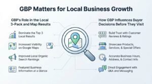 Infographic titled 'GBP Matters for Local Business Growth' illustrating GBP's role in the local 3-pack and map results on the left, and how GBP influences buyer decisions before they visit on the right surrounding a central magnifying glass and map icon.