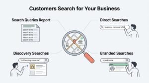 Infographic illustrating how customers search for local businesses, featuring search queries reports, direct searches for business names or URLs, discovery searches for local categories like "coffee shop near me", and branded searches.