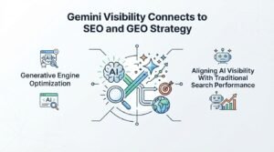 Infographic on Gemini visibility connects to SEO and GEO strategy, detailing generative engine optimization and aligning AI visibility with traditional search performance.