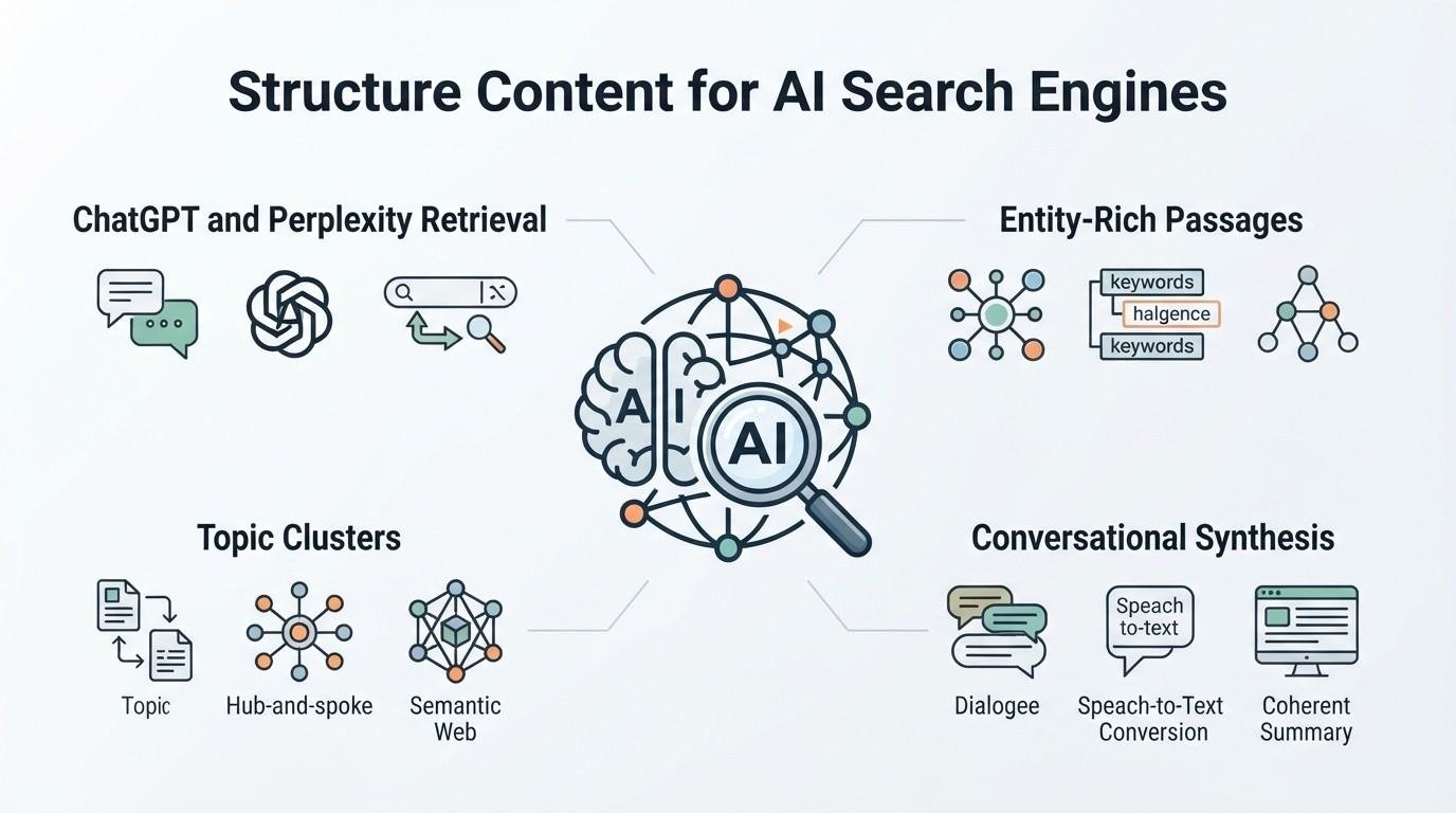 Infographic on how to structure content for AI search engines, detailing ChatGPT and Perplexity retrieval, entity-rich passages, topic clusters, and conversational synthesis