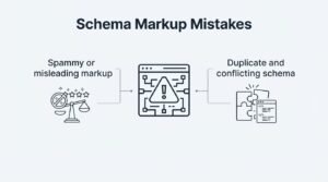 Infographic on schema markup mistakes, detailing spammy or misleading markup, and duplicate and conflicting schema.