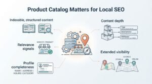 Infographic on why product catalogs matter for local SEO, detailing indexable structured content, relevance signals, profile completeness covering name, address, hours, and category, content depth including tags, descriptions, and attributes, and extended visibility across multiple stores and online.