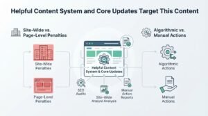 Infographic titled 'Helpful Content System and Core Updates Target This Content' illustrating site-wide versus page-level penalties on the left-covering site-wide penalties and page-level penalties—and algorithmic versus manual actions on the right-covering algorithmic actions and manual actions-surrounding a central browser window focused on helpful content systems, core updates, SEO audits, site-wide analysis, and manual action reports.