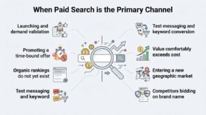 B2B strategic marketing infographic titled 'When Paid Search is the Primary Channel' detailing eight enterprise use cases-such as demand validation, time-bound offers, absent organic rankings, conversion testing, positive ROI margins, geographic expansion, and brand defense-surrounding a central search engine query inspection lens and performance arrow