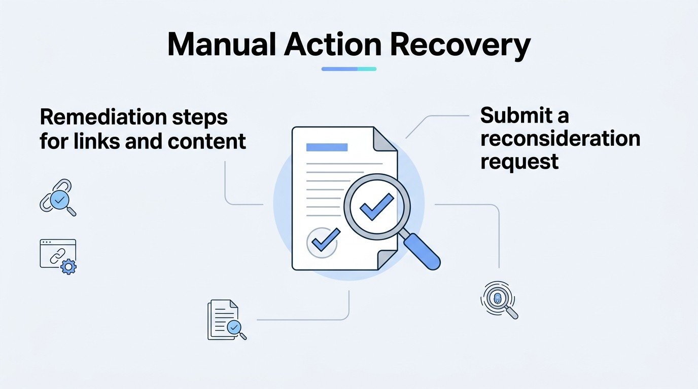 Infographic titled 'Manual Action Recovery' illustrating remediation steps for links and content on the left and submitting a reconsideration request on the right, surrounding a central document with a checkmark and magnifying glass icon.
