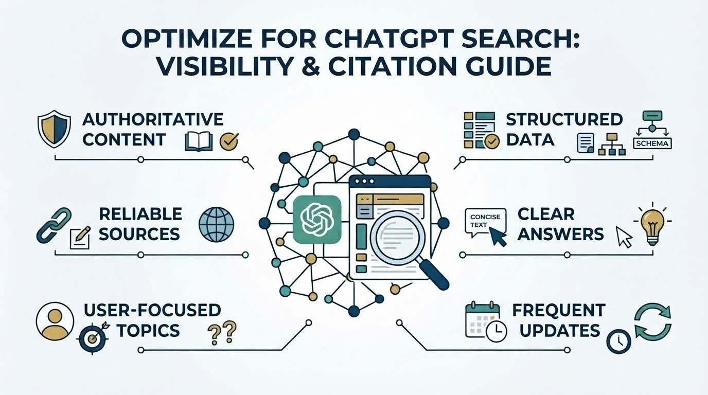 Infographic on how to optimize for ChatGPT search visibility and citation, detailing authoritative content, reliable sources, user-focused topics, structured data, clear answers, and frequent updates.