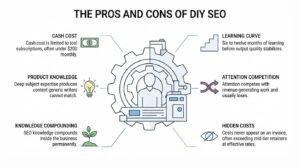 Educational infographic titled 'The Pros and Cons of DIY SEO' centered around a stylized professional working inside a mechanical cog apparatus, detailing the trade-offs between advantages like low cash cost, deep product knowledge, and in-house compounding against drawbacks like a steep learning curve, attention competition, and hidden labor costs