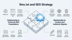 Infographic on llms.txt and SEO strategy, detailing relationships to technical SEO foundations with robots.txt, canonical tags, site speed optimization, structured data schema, indexing symbols, and server structure, alongside relationships to content and authority signals with high-quality content, topical authority, authoritative author badges, backlinks, notes, and trust symbols.