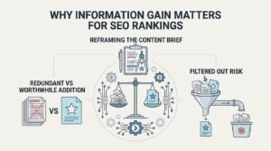 Infographic explaining why information gain matters for SEO rankings, showing a content brief scale comparing redundant versus worthwhile additions and filtered-out risk