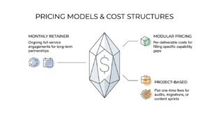 Educational procurement infographic titled 'Pricing Models & Cost Structures' centered on a faceted geometric diamond marked with a currency dollar sign, breaking down three primary commercial billing models: monthly retainers, modular pricing, and project-based flat fees
