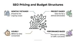 Educational B2B procurement infographic titled 'SEO Pricing and Budget Structures' centered on an ascending growth chart with directional arrows, dollar badges, and a network graph, detailing four commercial pricing models: monthly retainer, project-based, hourly, and performance-based billing