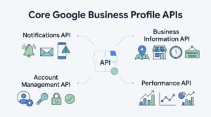 Infographic titled 'Core Google Business Profile APIs' illustrating four main endpoints: Business Information API, Performance API, Account Management API, and Notifications API surrounding a central API icon.