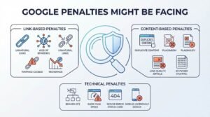 Infographic titled 'Google Penalties Might Be Facing' illustrating link-based penalties on the top left, content-based penalties on the top right, and technical penalties on the bottom, surrounding a central search and shield icon.