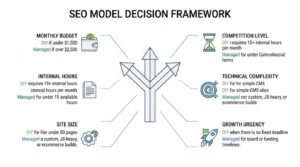 Decision framework infographic titled 'SEO Model Decision Framework' centered around a three-way branching arrow fork, comparing criteria for choosing DIY SEO versus Managed SEO across six core parameters: monthly budget, internal hours, site size, competition level, technical complexity, and growth urgency