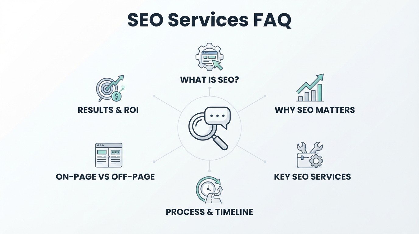Infographic on SEO services FAQ, detailing what is SEO, why SEO matters, key SEO services, process and timeline, on-page versus off-page optimization, and results and ROI