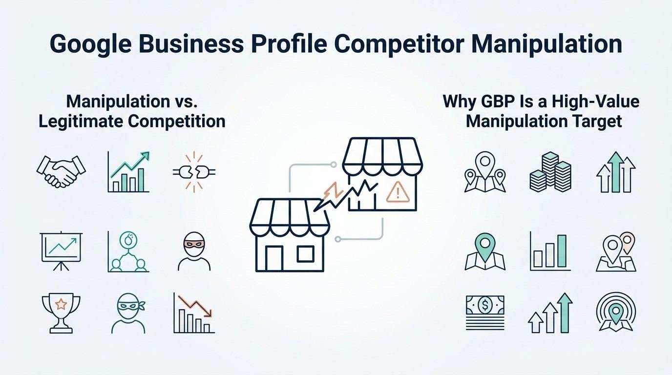 Infographic on Google Business Profile competitor manipulation, detailing manipulation versus legitimate competition on the left and why GBP is a high-value manipulation target on the right.