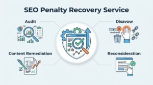 Infographic titled 'SEO Penalty Recovery Service' illustrating an audit on the top left, content remediation on the bottom left, a disavow process on the top right, and reconsideration on the bottom right, surrounding a central search optimization and recovery graphic.