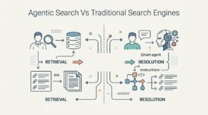 Infographic comparing agentic search versus traditional search engines, detailing retrieval mechanisms on the left and smart agent resolution and instruction workflows on the right.