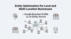 Infographic on entity optimization for local and multi-location businesses, detailing Google Business Profile as an entity anchor.
