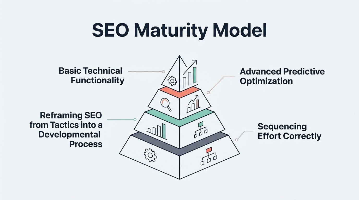 Infographic illustrating the SEO maturity model, reframing SEO from tactics into a developmental process that sequences effort correctly, moving from basic technical functionality to advanced predictive optimization