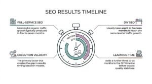 Educational infographic titled 'SEO Results Timeline' centered on a stopwatch dial with concentric progress meters, comparing Full-Service SEO timelines of four to seven months against DIY SEO timelines of eight to fourteen months across execution velocity and internal learning time