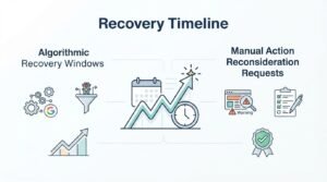 Infographic titled 'Recovery Timeline' illustrating algorithmic recovery windows on the left-covering algorithm gears, traffic filters, and ranking growth charts-and manual action reconsideration requests on the right-covering warning notices, review checklists, and approved compliance badges—surrounding a central calendar and upward-trending recovery graph.
