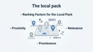 B2B educational infographic titled 'The local pack' detailing 'Ranking Factors for the Local Pack'-Proximity, Relevance, and Prominence-around a central 3D perspective digital map with geo-pins, local map cards, and customer star rating reviews