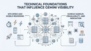 Infographic on technical foundations that influence Gemini visibility, detailing site speed and mobile rendering, and schema markup, crawlability, and indexation.