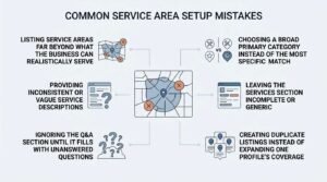 Infographic titled 'Common Service Area Setup Mistakes' illustrating six errors: listing service areas far beyond realistic capacity, choosing a broad primary category instead of a specific match, providing inconsistent or vague service descriptions, leaving the services section incomplete, ignoring the Q&A section, and creating duplicate listings.