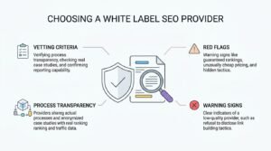 Educational B2B procurement infographic titled 'Choosing a White Label SEO Provider' centered on a security shield paired with a contract document inspected by a magnifying glass, outlining vetting criteria, process transparency, red flags, and warning signs