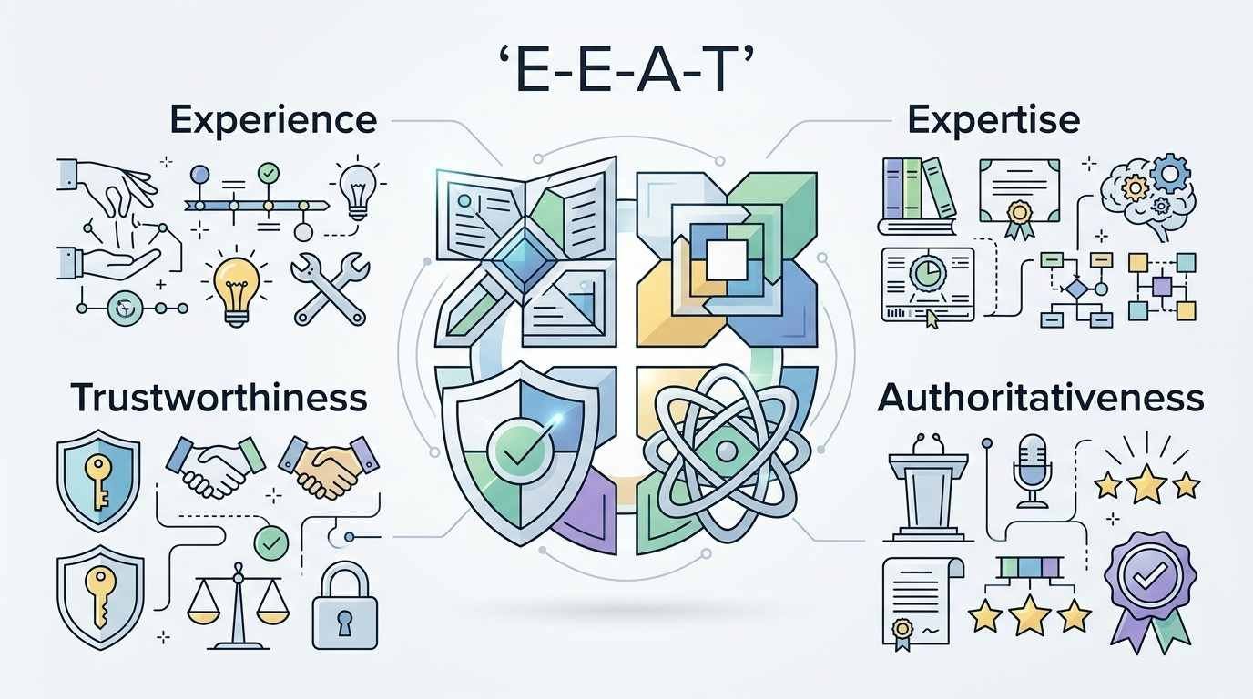 Infographic on E-E-A-T, detailing experience, expertise, authoritativeness, and trustworthiness.