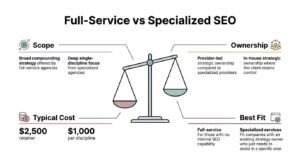 Educational B2B procurement infographic titled 'Full-Service vs Specialized SEO' centered on a balance scale, comparing full-service agencies and single-discipline specialists across four operational benchmarks: scope, ownership, typical cost ($2,500 retainer vs. $1,000 per discipline), and company fit