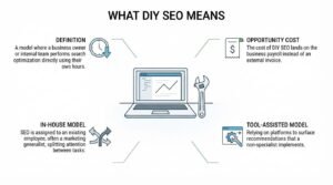 Educational infographic titled 'What DIY SEO Means' centered around an open laptop displaying an analytics growth chart beside an upright adjustable wrench, breaking down self-managed search optimization into definition, opportunity cost, the in-house staffing model, and tool-assisted execution