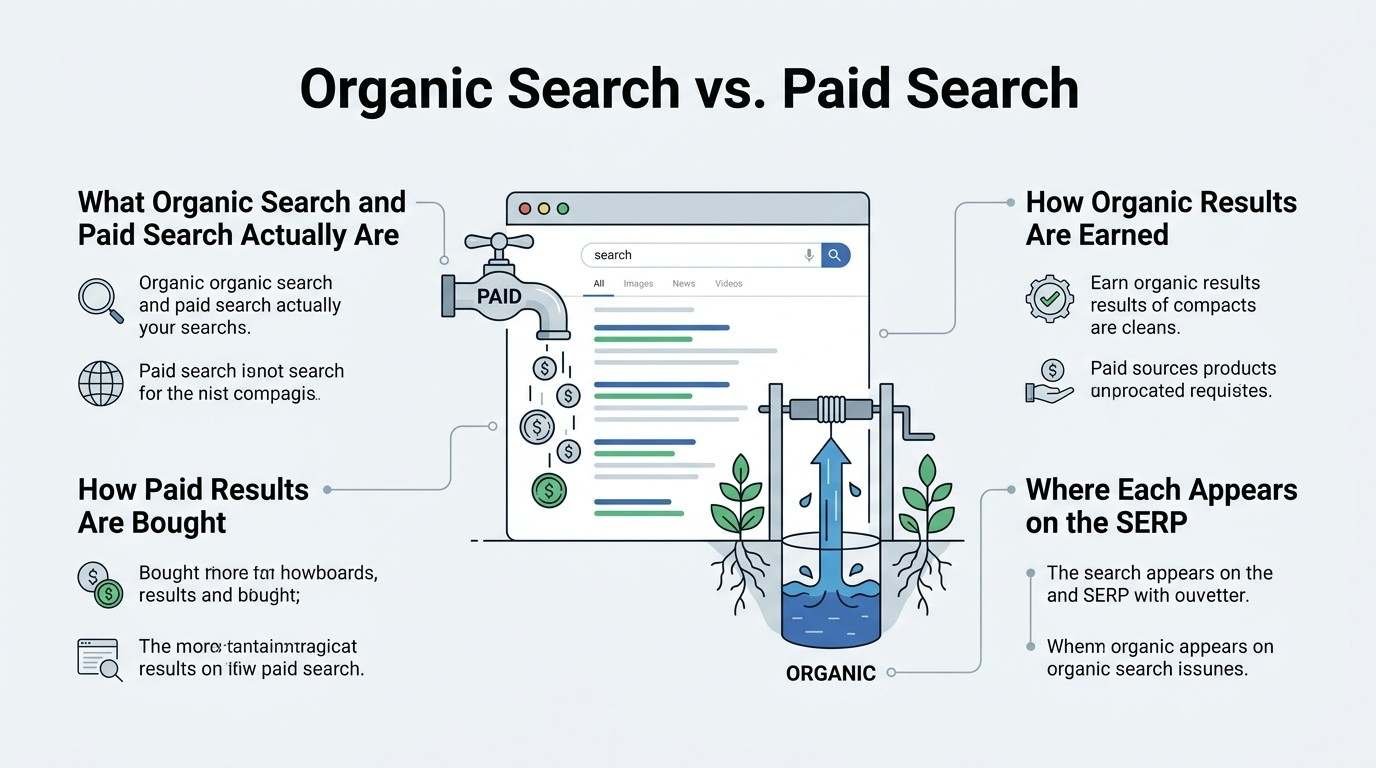 B2B educational infographic titled 'Organic Search vs. Paid Search' contrasting paid media faucet spend against organic compounding well growth