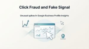 Infographic titled 'Click Fraud and Fake Signal' illustrating unusual spikes in Google Business Profile insights, featuring a dashboard interface with analytics charts, mouse cursor clicks, and a location pin.