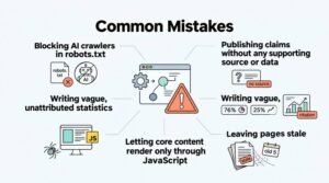 Infographic on common mistakes, detailing blocking AI crawlers in robots.txt, publishing claims without any supporting source or data, writing vague unattributed statistics, letting core content render only through JavaScript, and leaving pages stale.