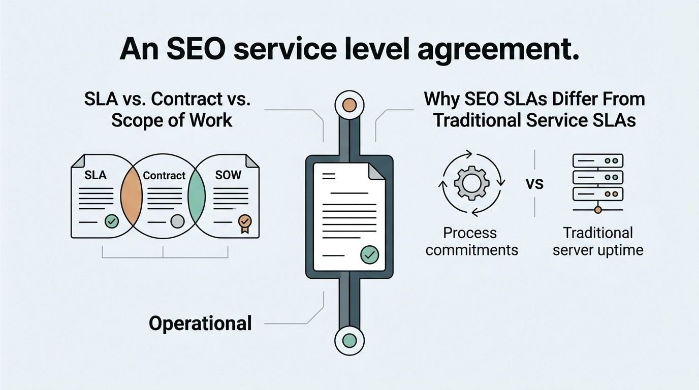 B2B technical educational infographic titled 'An SEO service level agreement.' detailing the differences between SLAs, contracts, and SOWs on the left, contrasted with why SEO SLAs differ from traditional server uptime SLAs on the right, centered around an operational document badge hub