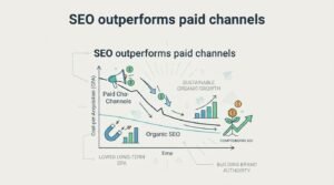 B2B corporate financial infographic titled 'SEO outperforms paid channels' graphing Cost-per-Acquisition over Time to demonstrate how Organic SEO drives down long-term CPA and yields compounding ROI compared to high paid acquisition costs
